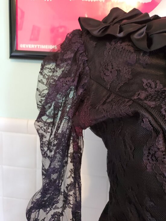 Vintage 80s Black Floral Lace Whimsigoth Long Sleeve Blouse Top Size Small - Picture 8 of 11